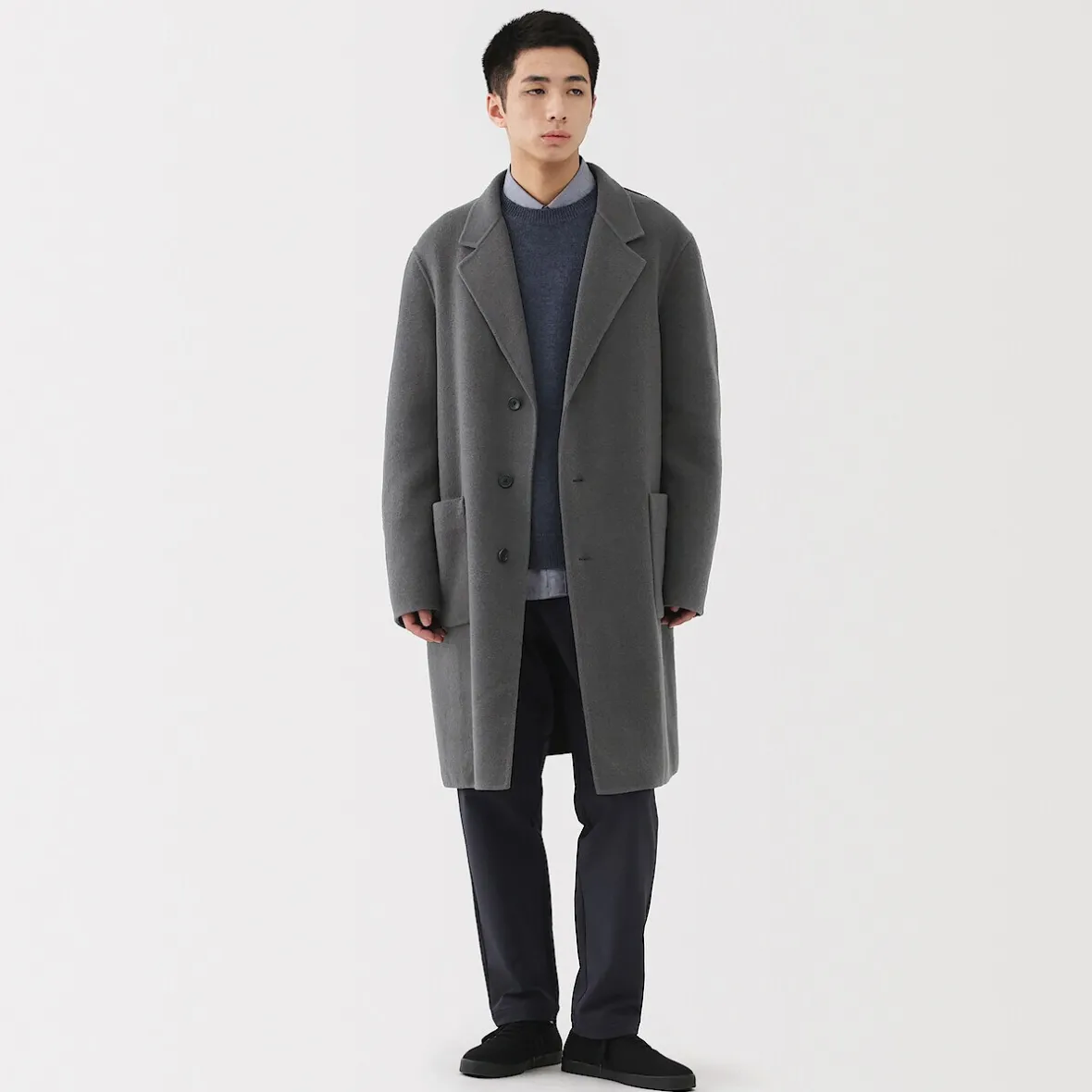 Hot Muji Abrigo Chesterfield de mezcla de lana merina para hombre
