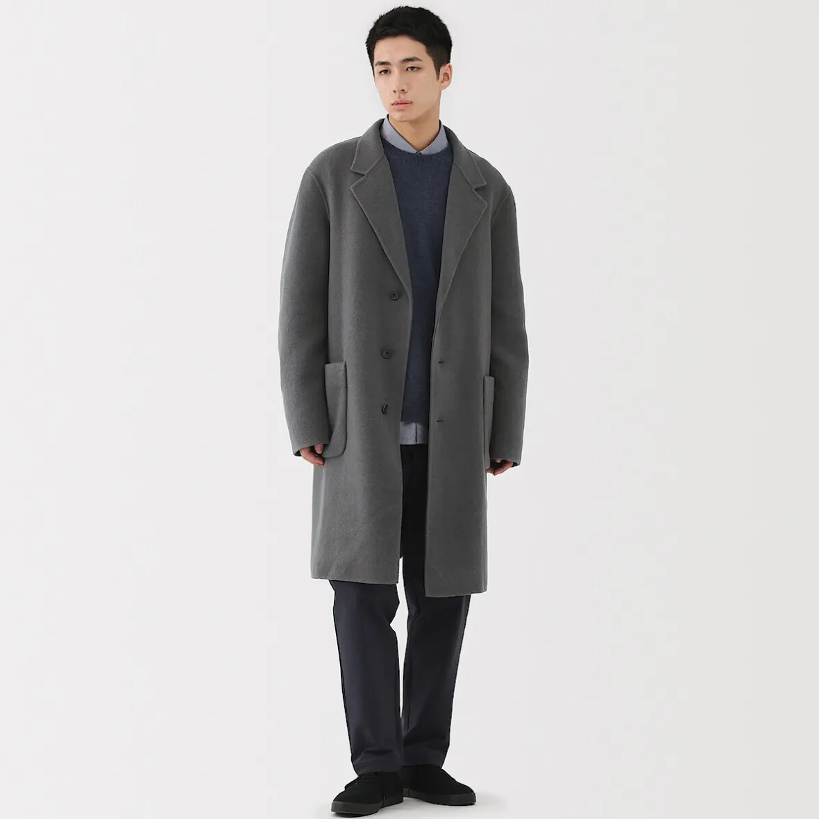 Hot Muji Abrigo Chesterfield de mezcla de lana merina para hombre