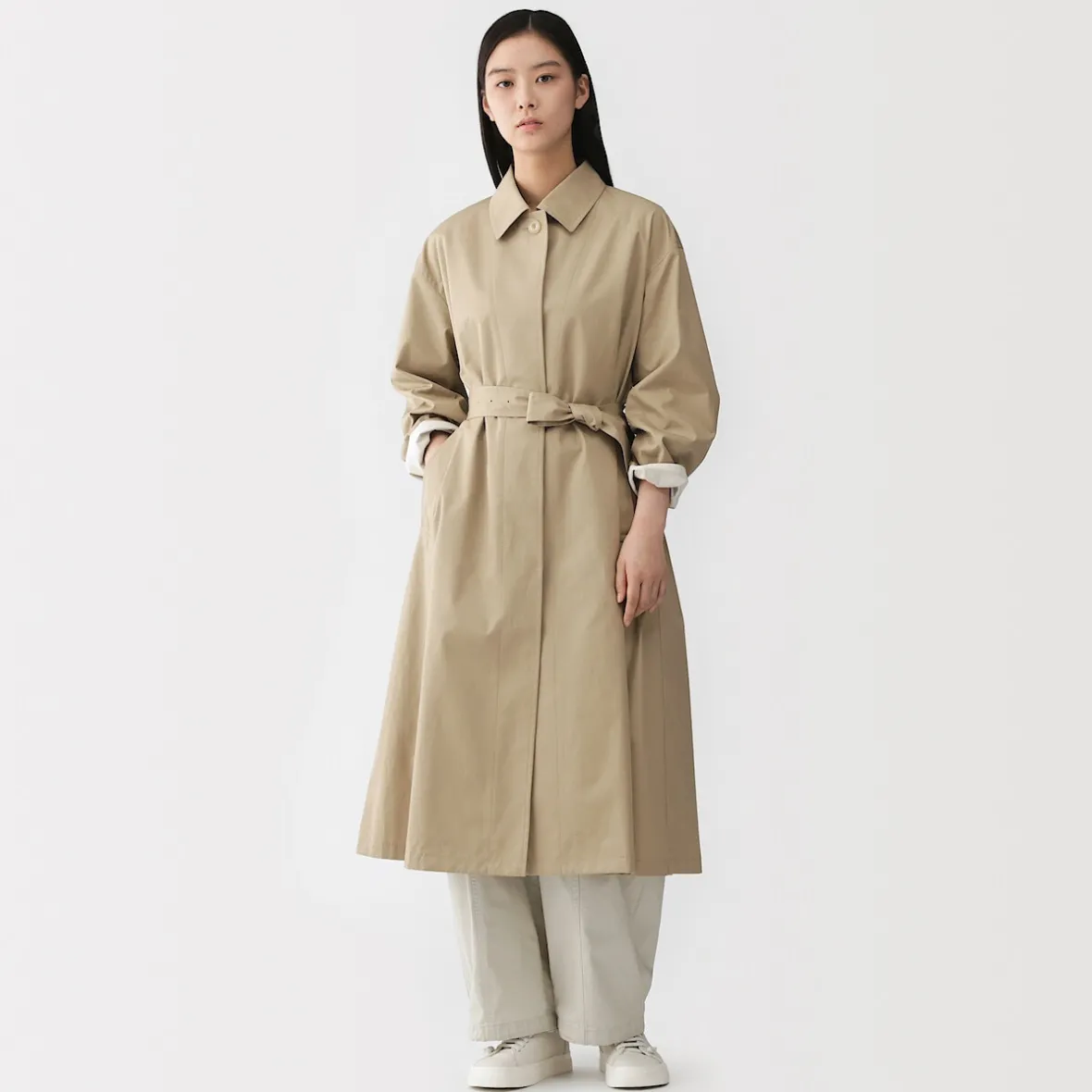 Discount Muji Abrigo de algodón repelente al agua con botonadura simple para mujer
