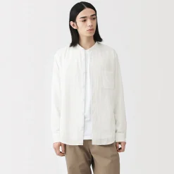 Online Muji Camisa con cuello de abuelo de mezcla de kapok y gasa doble para hombre