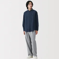 Online Muji Camisa con cuello de abuelo de mezcla de kapok y gasa doble para hombre