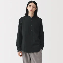 Online Muji Camisa con cuello de abuelo de mezcla de kapok y gasa doble para hombre