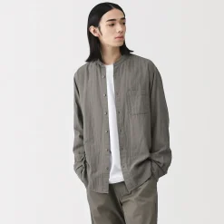 Online Muji Camisa con cuello de abuelo de mezcla de kapok y gasa doble para hombre