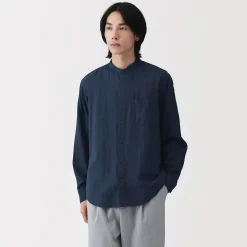 Online Muji Camisa con cuello de abuelo de mezcla de kapok y gasa doble para hombre