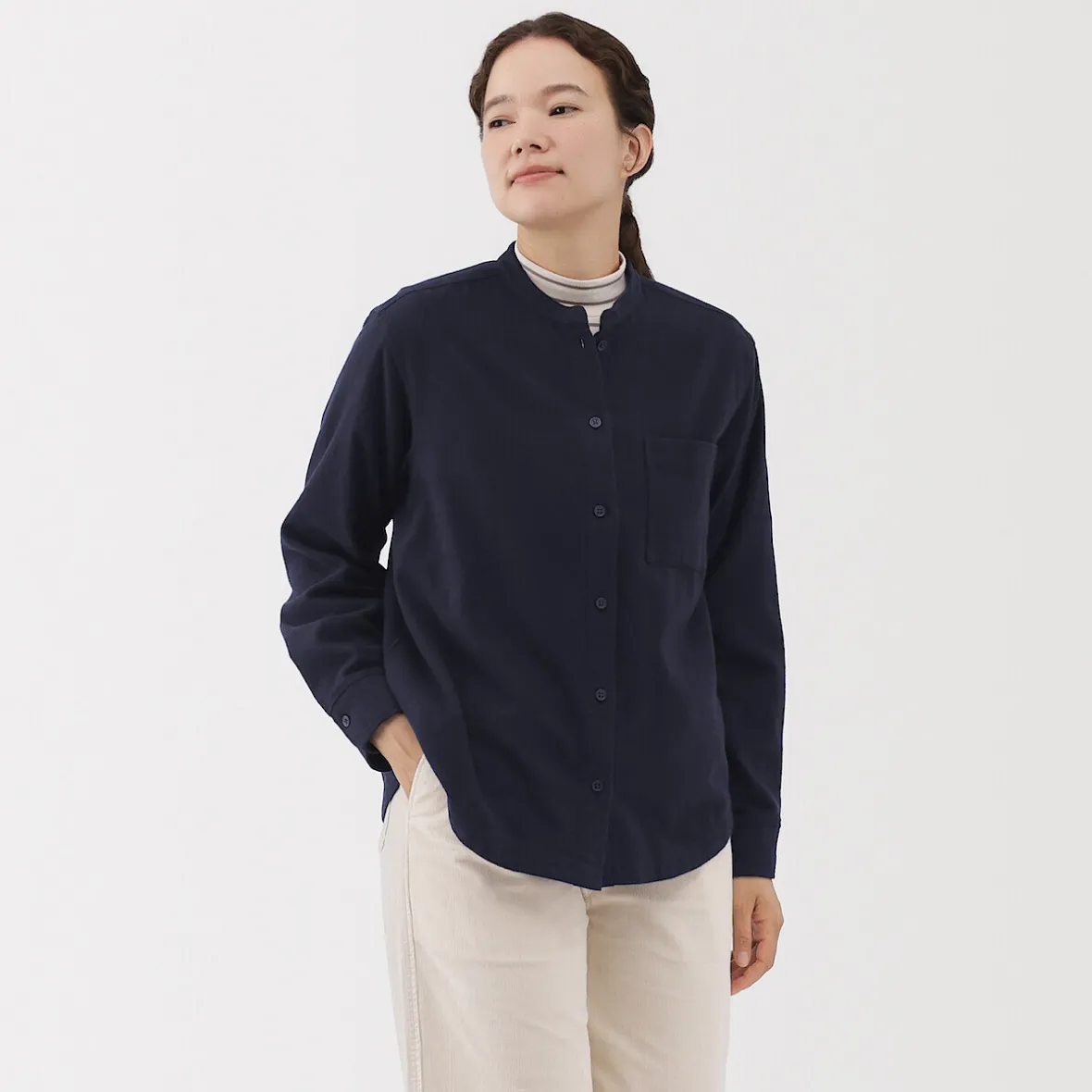 Online Muji Camisa de franela de doble cepillado con cuello alto para mujer