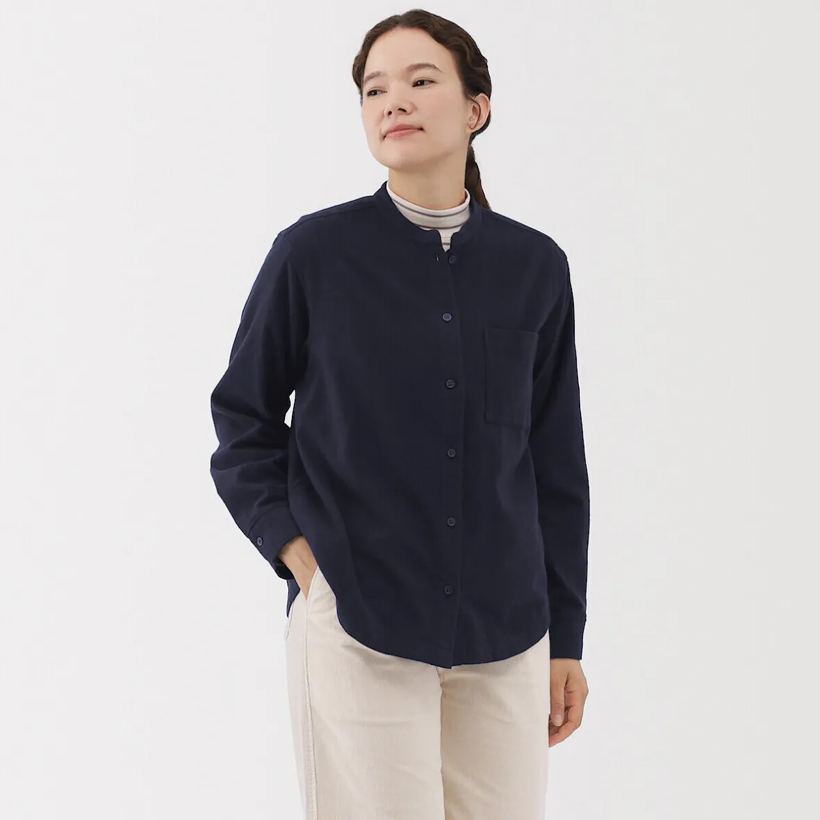 Online Muji Camisa de franela de doble cepillado con cuello alto para mujer