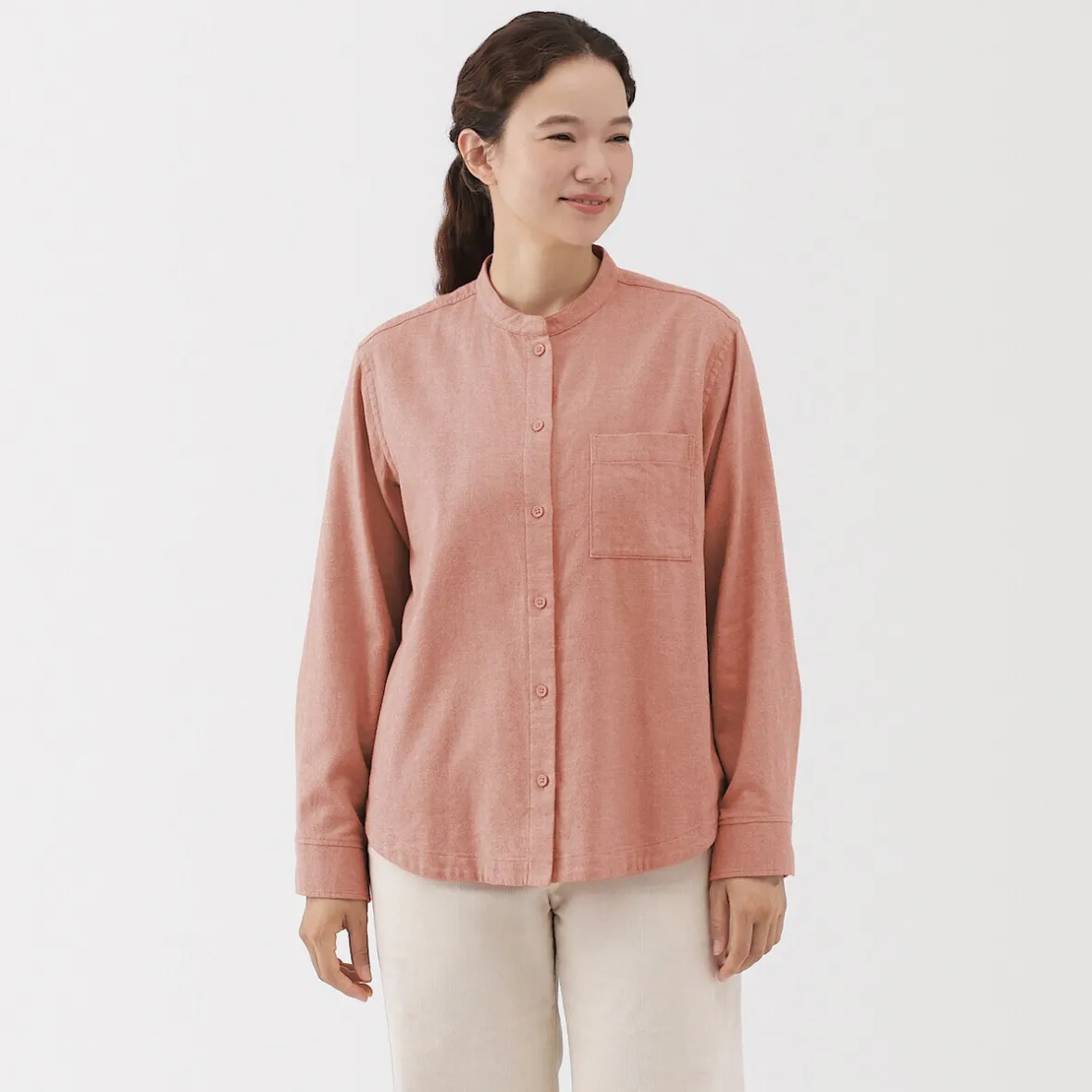 Online Muji Camisa de franela de doble cepillado con cuello alto para mujer