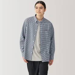Outlet Muji Camisa Oxford con botones y acabado lavado para hombre Cuadros Azul Marino Oscuro