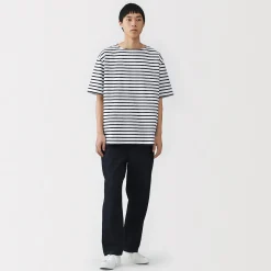 Muji Camiseta de cuello barco de algodón grueso lavado para hombre
