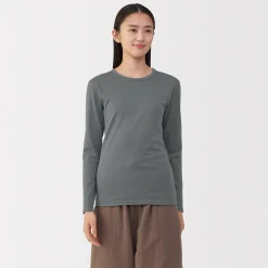 Clearance Muji Camiseta de manga larga con cuello redondo de algodón grueso y cálido para mujer