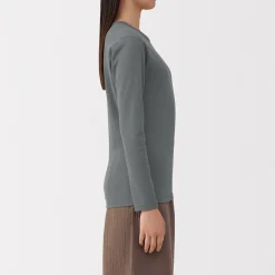 Clearance Muji Camiseta de manga larga con cuello redondo de algodón grueso y cálido para mujer