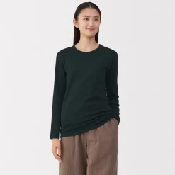 Clearance Muji Camiseta de manga larga con cuello redondo de algodón grueso y cálido para mujer