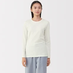 Clearance Muji Camiseta de manga larga con cuello redondo de algodón grueso y cálido para mujer