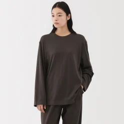 Online Muji Camiseta de manga larga de algodón liso unisex Marrón Oscuro