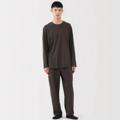 Online Muji Camiseta de manga larga de algodón liso unisex Marrón Oscuro