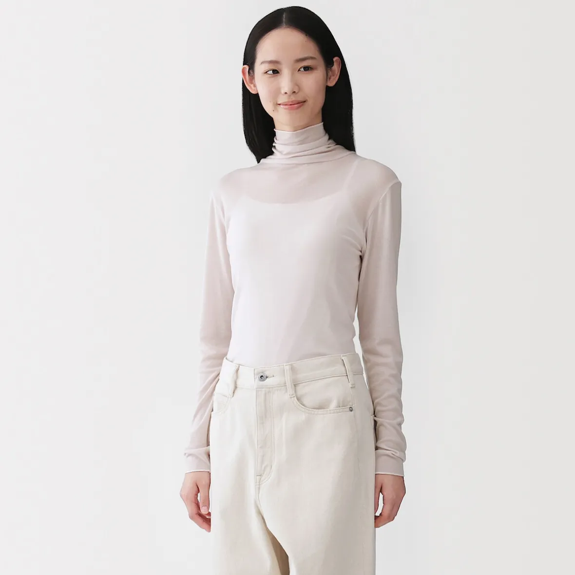 Muji Camiseta de manga larga transparente con cuello alto en mezcla de lyocell para mujer