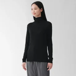 Muji Camiseta de manga larga transparente con cuello alto en mezcla de lyocell para mujer