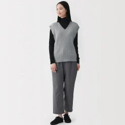 Muji Camiseta de manga larga transparente con cuello alto en mezcla de lyocell para mujer