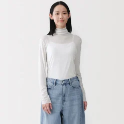 Muji Camiseta de manga larga transparente con cuello alto en mezcla de lyocell para mujer