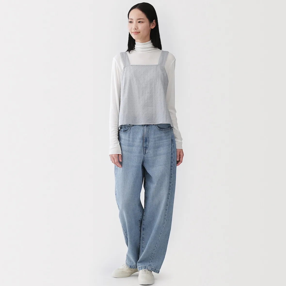Muji Camiseta de manga larga transparente con cuello alto en mezcla de lyocell para mujer