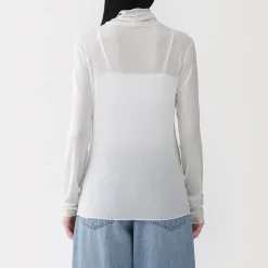 Muji Camiseta de manga larga transparente con cuello alto en mezcla de lyocell para mujer