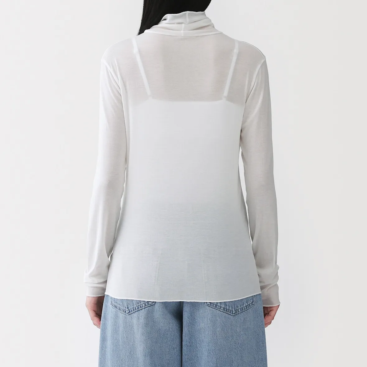 Muji Camiseta de manga larga transparente con cuello alto en mezcla de lyocell para mujer