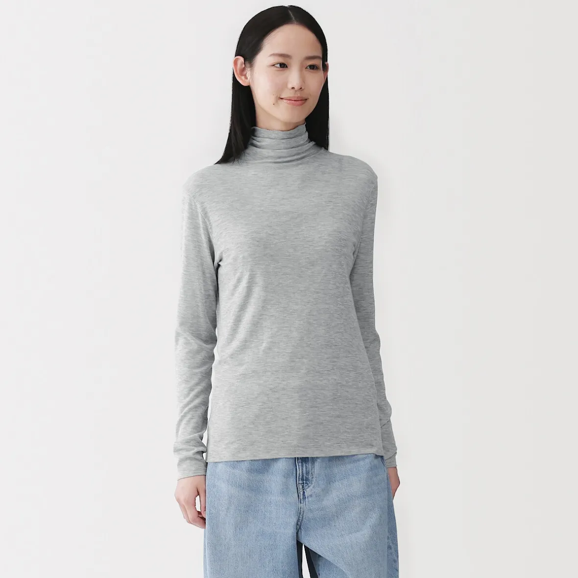 Muji Camiseta de manga larga transparente con cuello alto en mezcla de lyocell para mujer