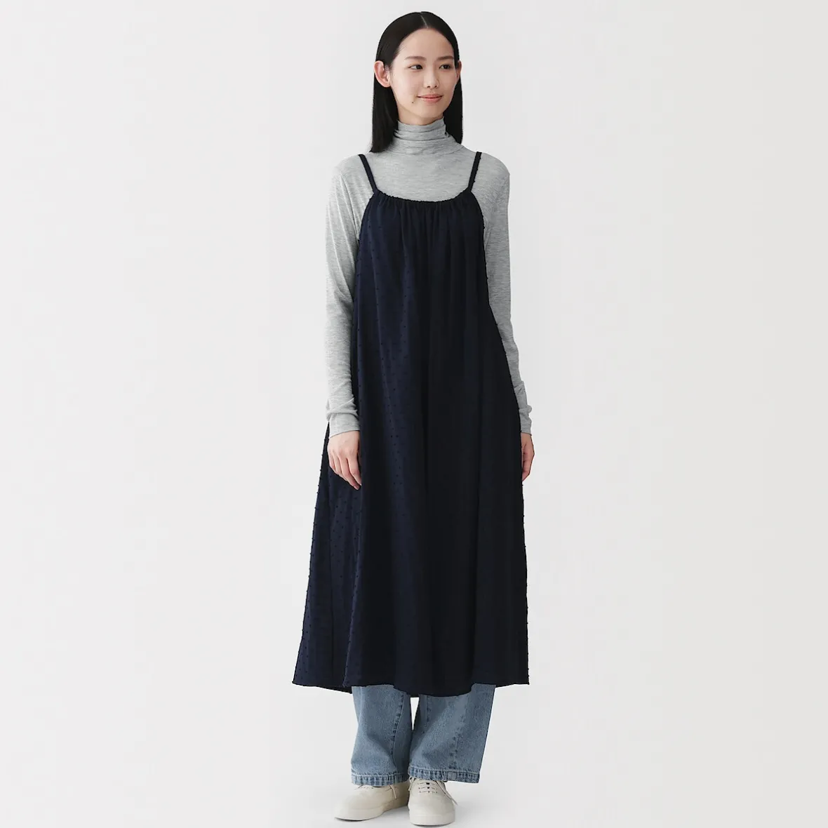 Muji Camiseta de manga larga transparente con cuello alto en mezcla de lyocell para mujer