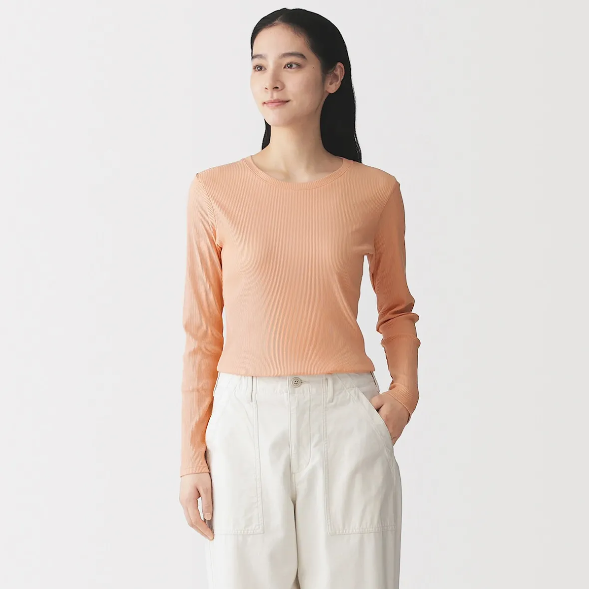 Muji Camiseta de manga larga y canalé en mezcla de lyocell para mujer