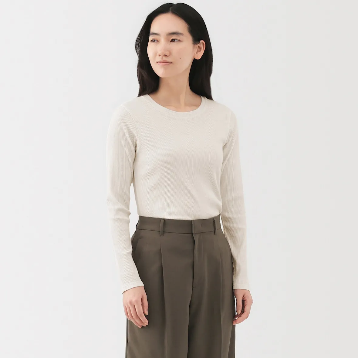 Muji Camiseta de manga larga y canalé en mezcla de lyocell para mujer