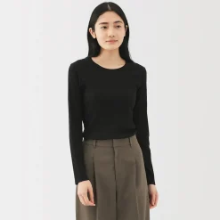 Muji Camiseta de manga larga y canalé en mezcla de lyocell para mujer