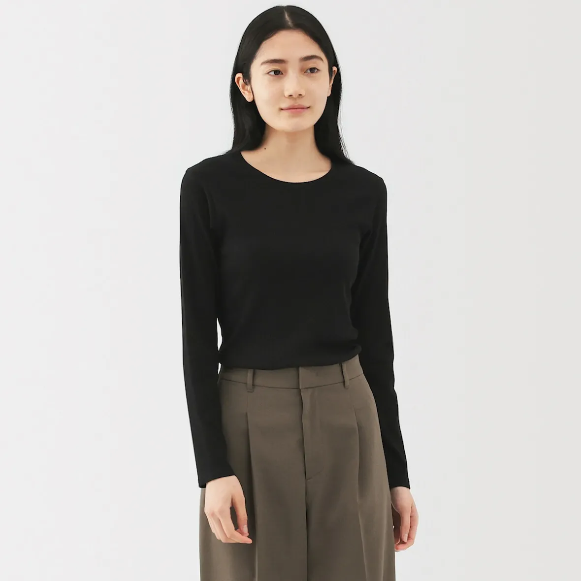 Muji Camiseta de manga larga y canalé en mezcla de lyocell para mujer