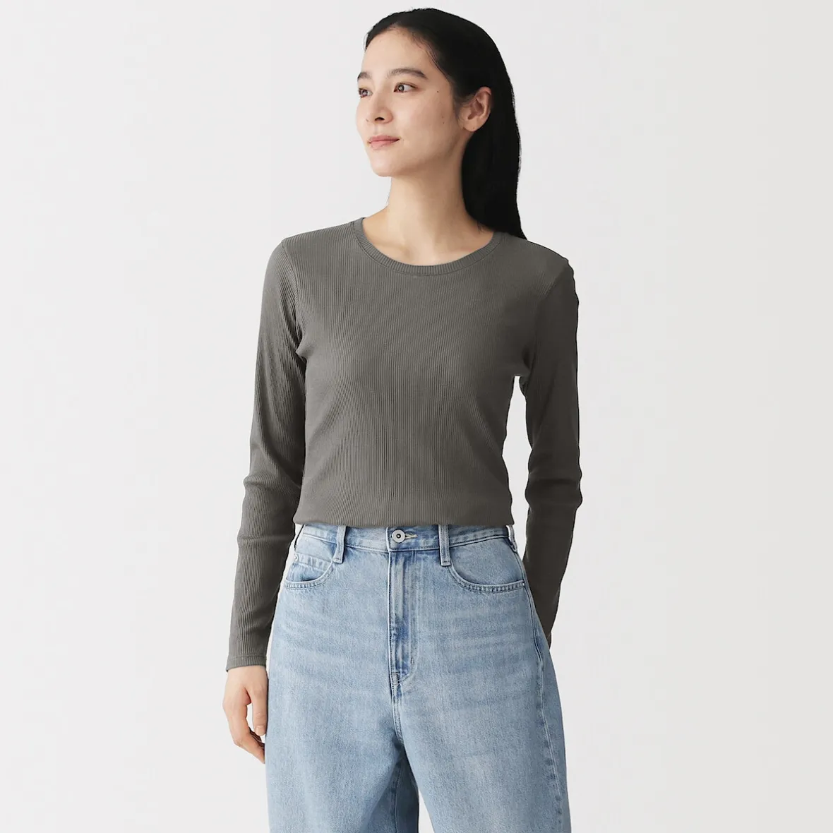Muji Camiseta de manga larga y canalé en mezcla de lyocell para mujer
