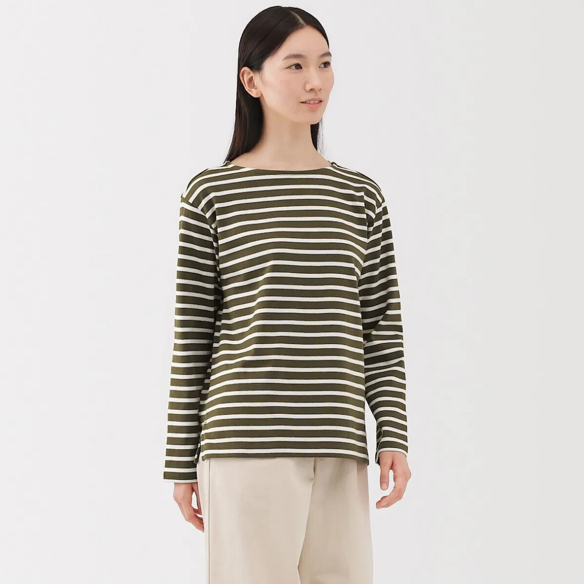 Hot Muji Camiseta de manga larga y cuello ancho de algodón grueso para mujer