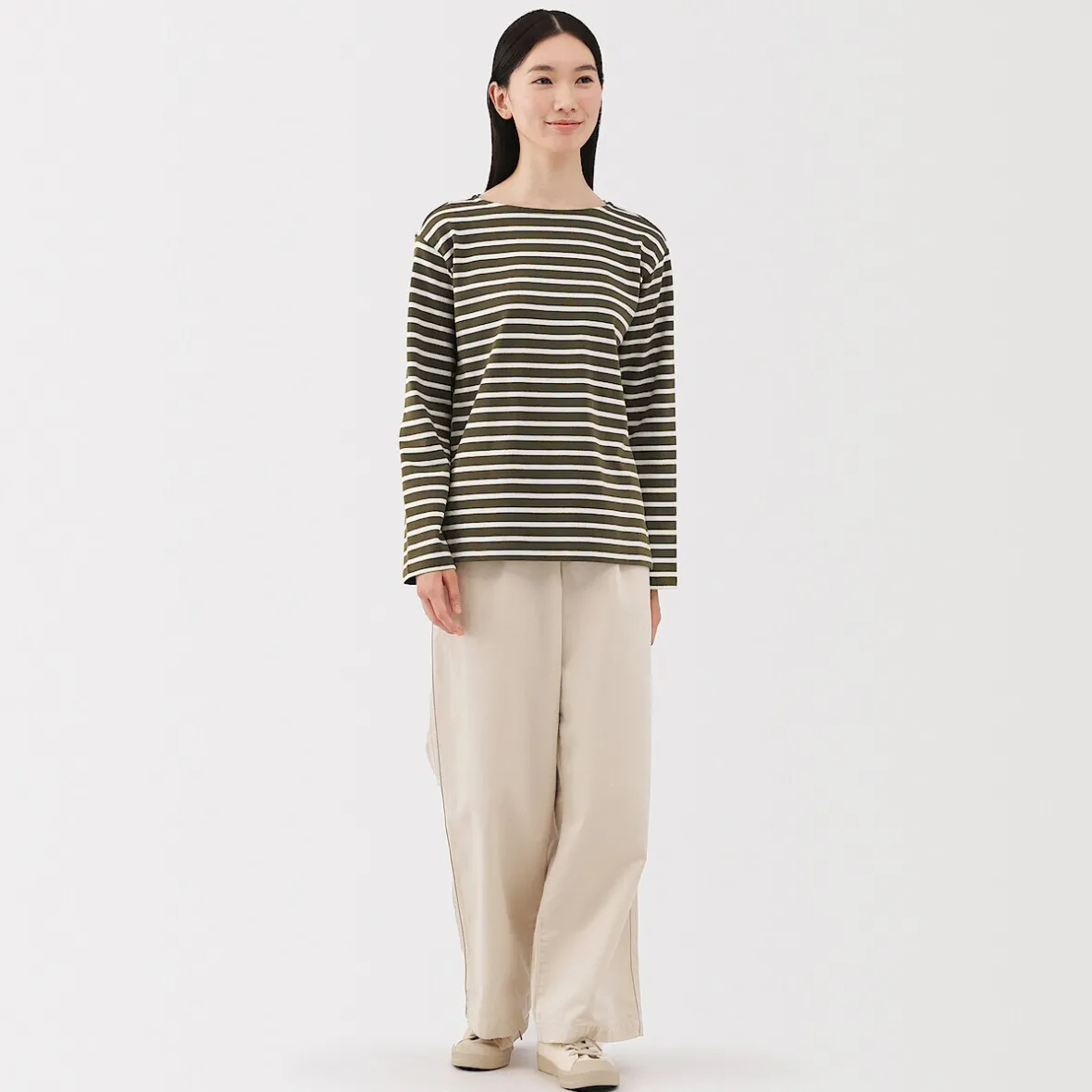 Hot Muji Camiseta de manga larga y cuello ancho de algodón grueso para mujer
