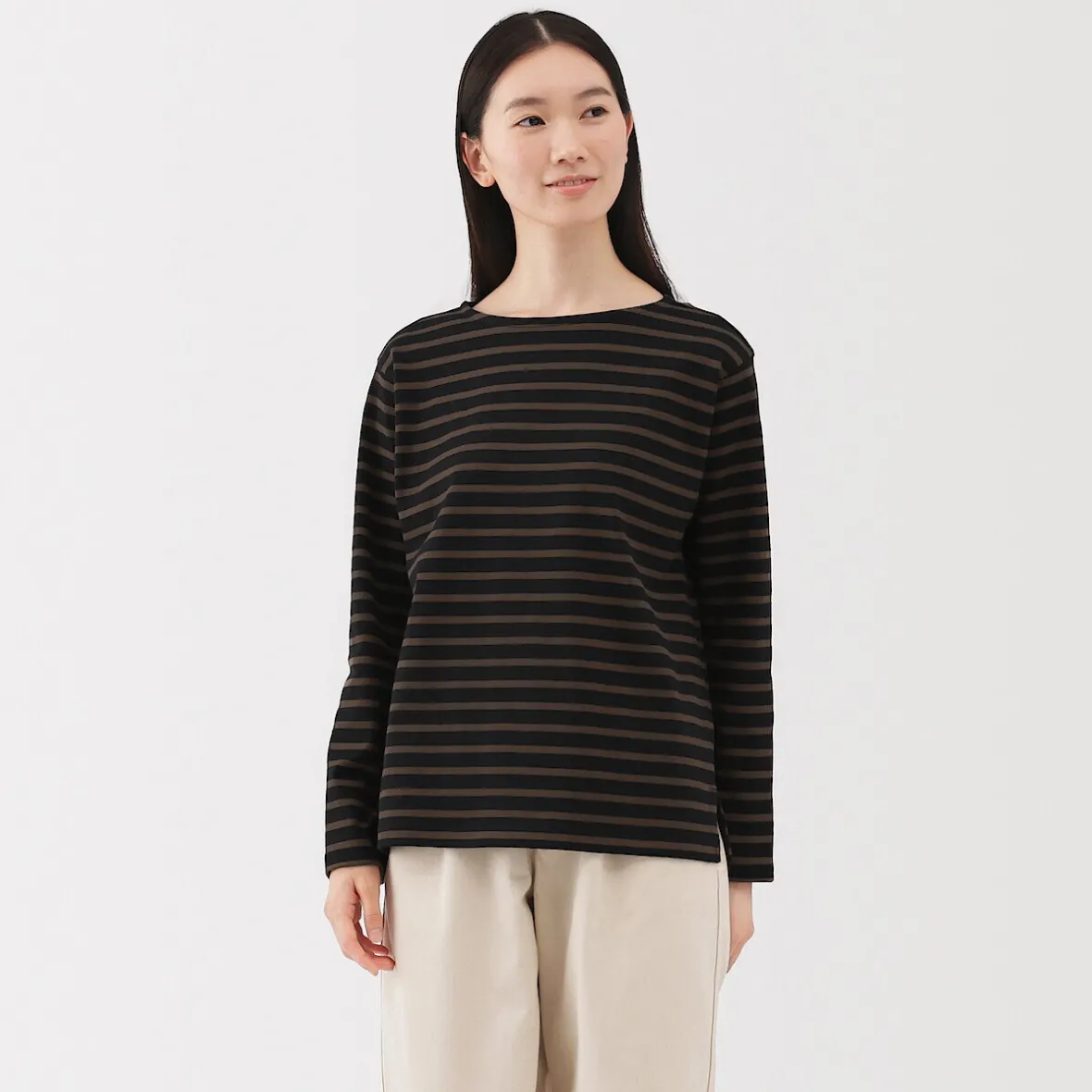 Hot Muji Camiseta de manga larga y cuello ancho de algodón grueso para mujer