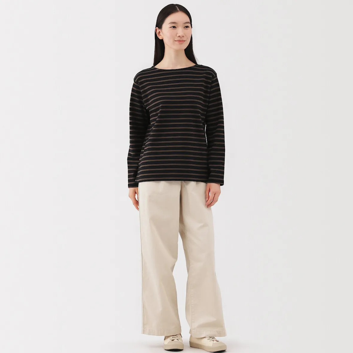 Hot Muji Camiseta de manga larga y cuello ancho de algodón grueso para mujer