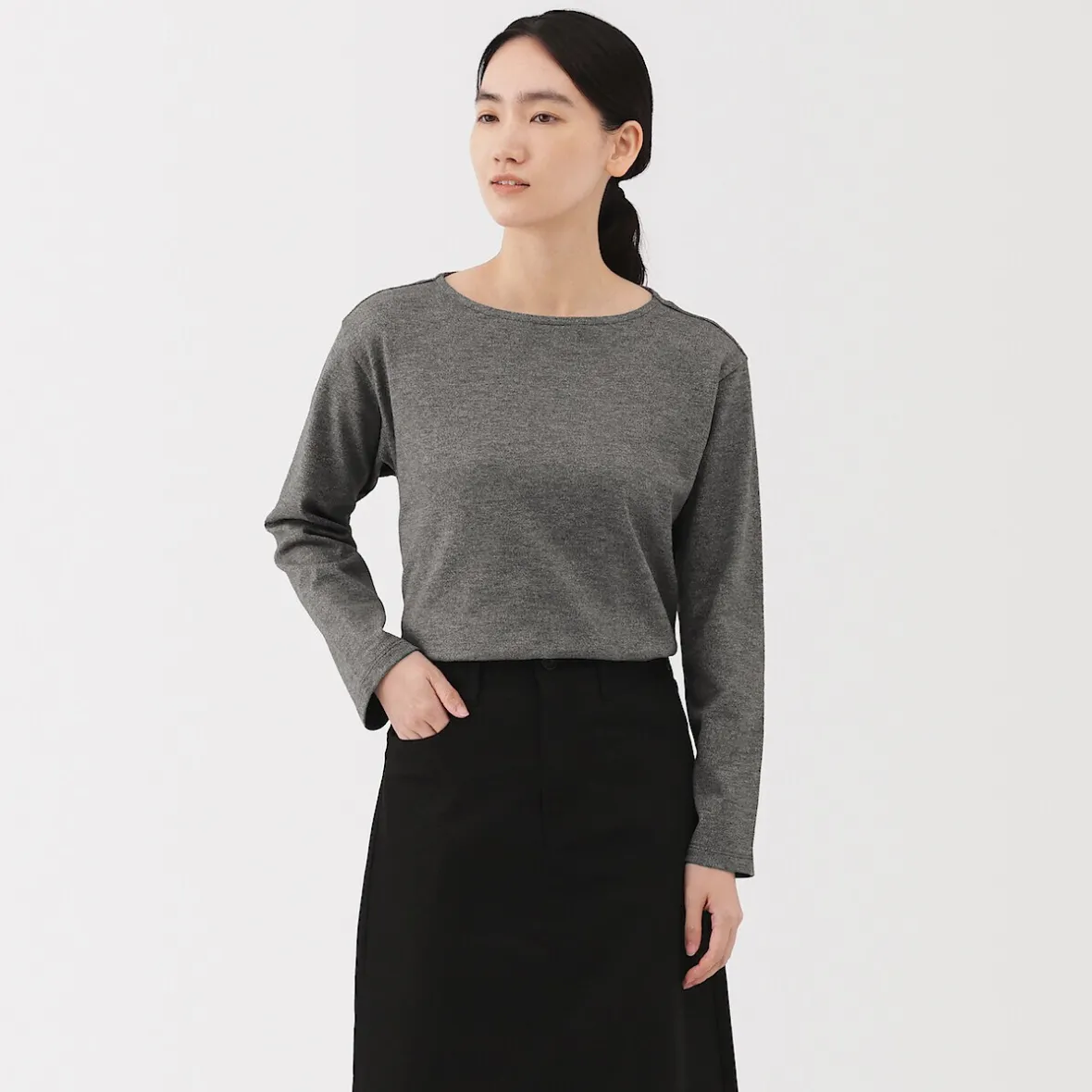 Hot Muji Camiseta de manga larga y cuello ancho de algodón grueso para mujer