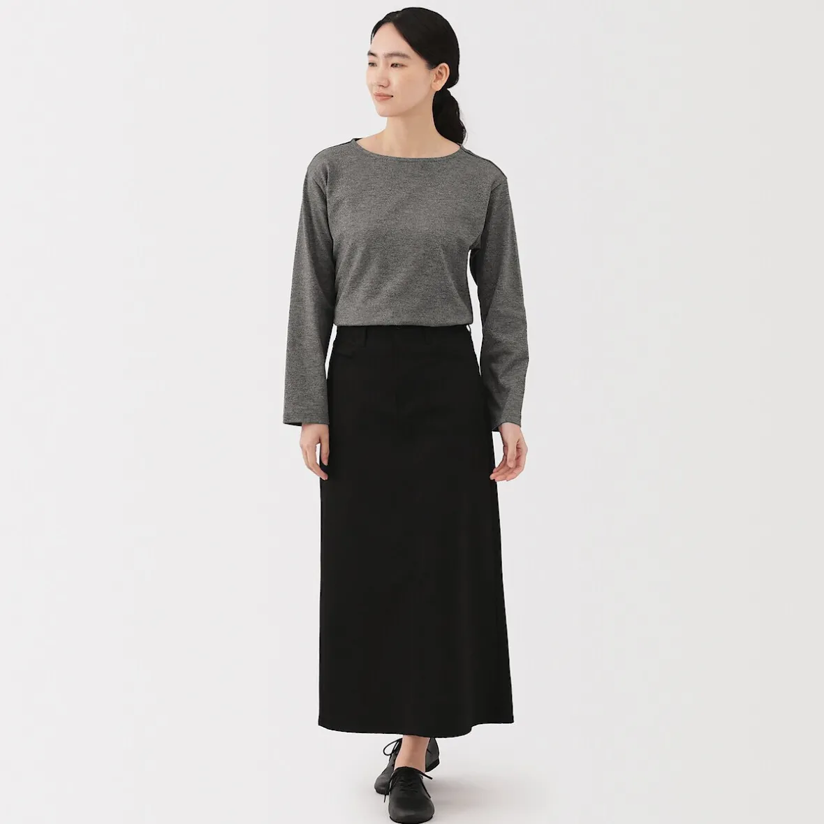Hot Muji Camiseta de manga larga y cuello ancho de algodón grueso para mujer