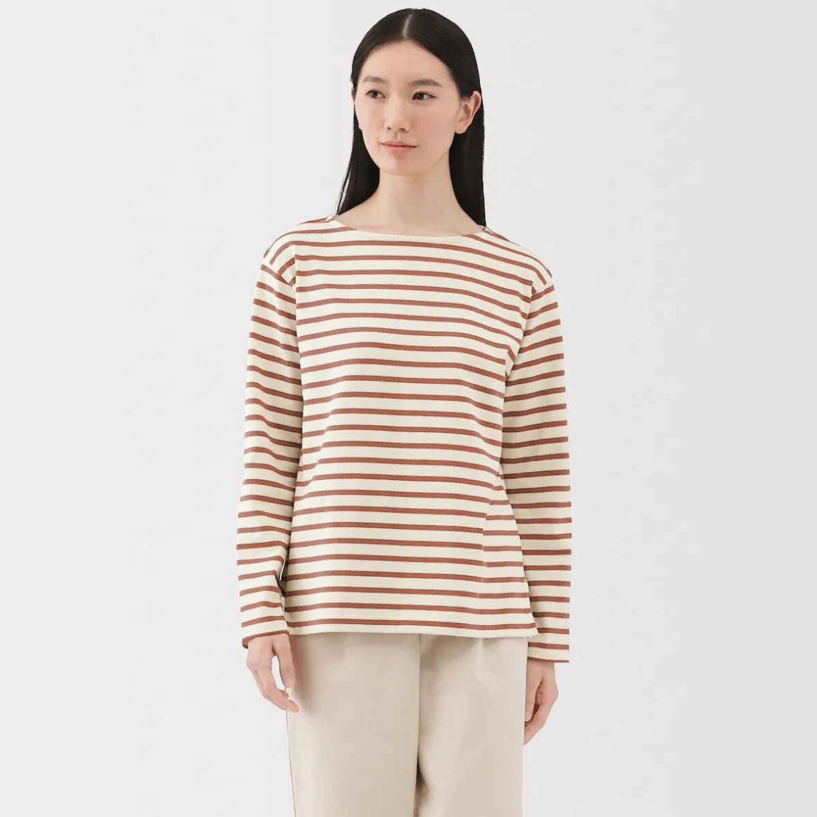 Hot Muji Camiseta de manga larga y cuello ancho de algodón grueso para mujer