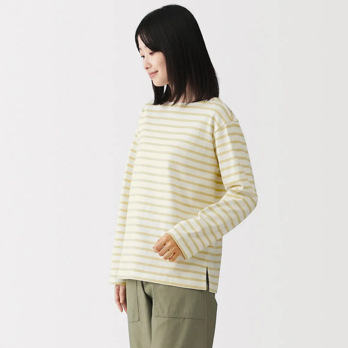 Best Muji Camiseta de manga larga y cuello ancho de algodón grueso para mujer