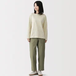 Best Muji Camiseta de manga larga y cuello ancho de algodón grueso para mujer