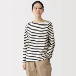 Best Muji Camiseta de manga larga y cuello ancho de algodón grueso para mujer