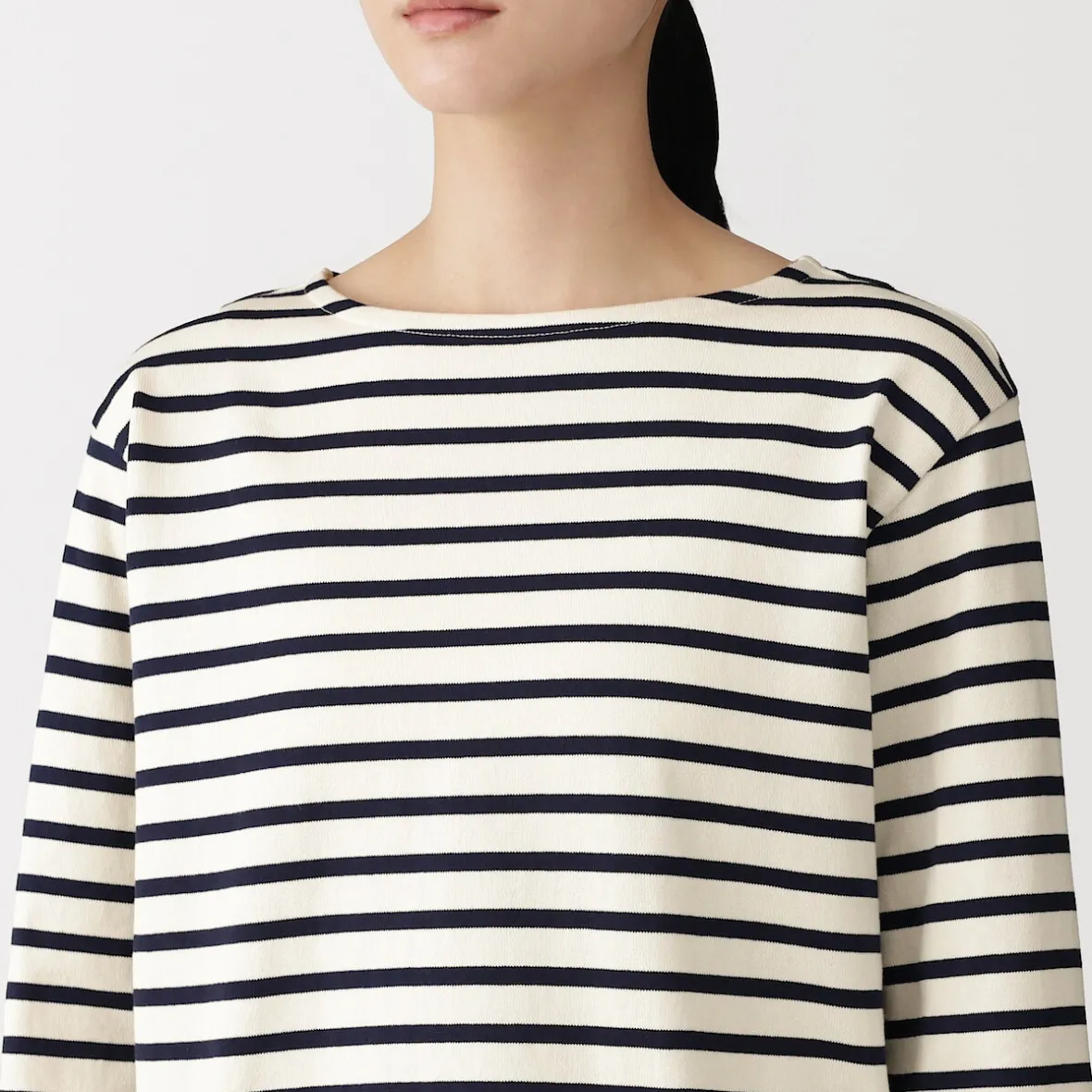 Best Muji Camiseta de manga larga y cuello ancho de algodón grueso para mujer