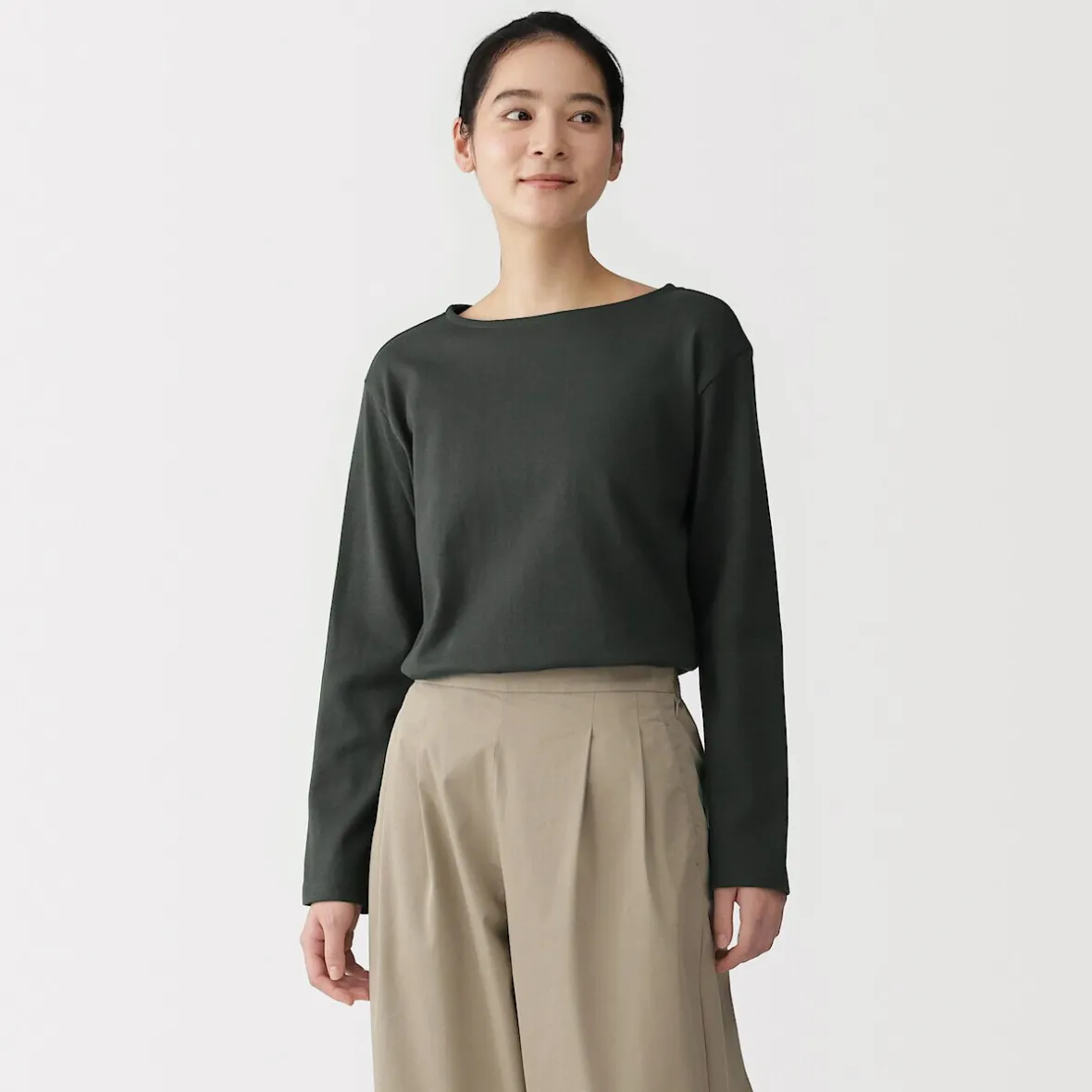 Best Muji Camiseta de manga larga y cuello ancho de algodón grueso para mujer