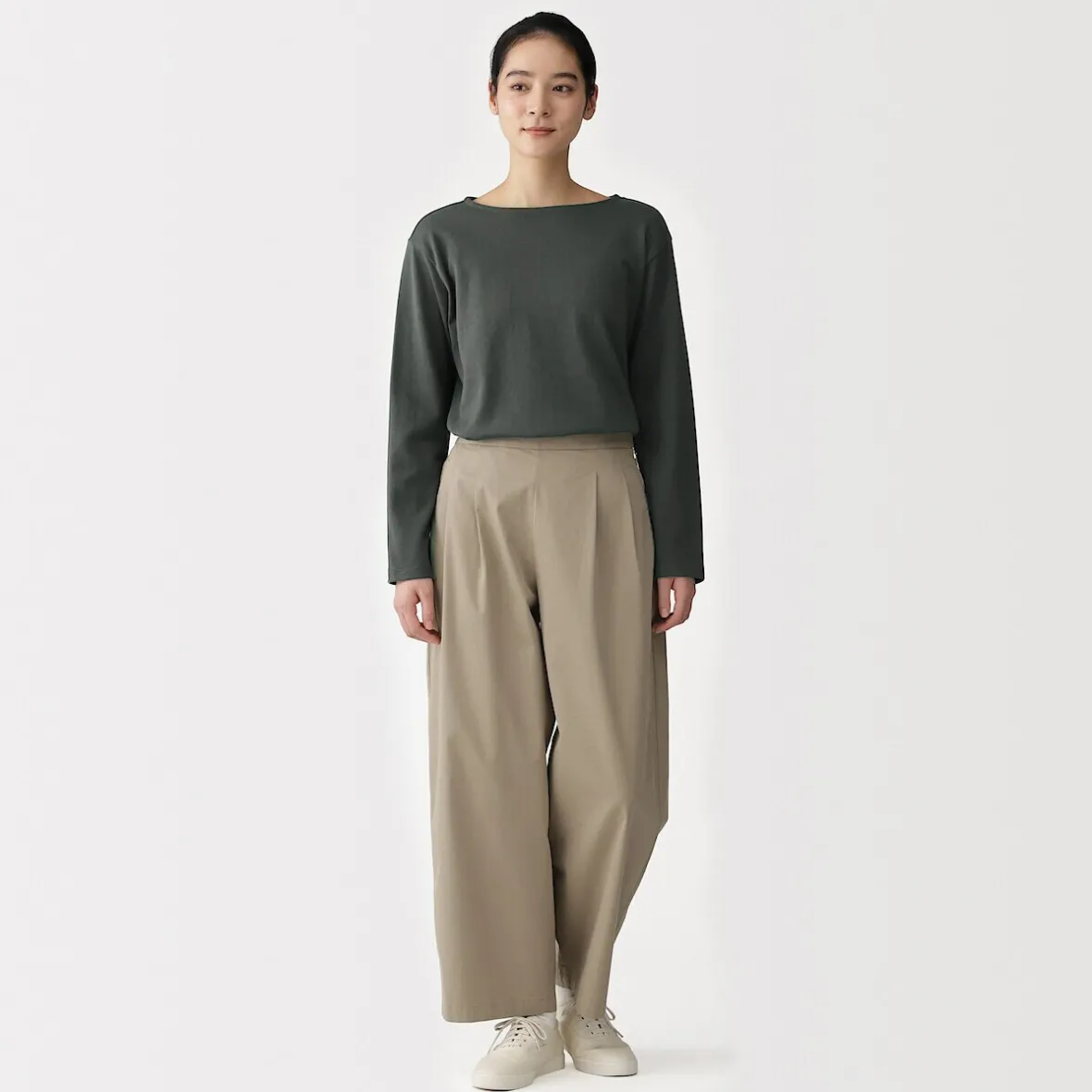 Best Muji Camiseta de manga larga y cuello ancho de algodón grueso para mujer