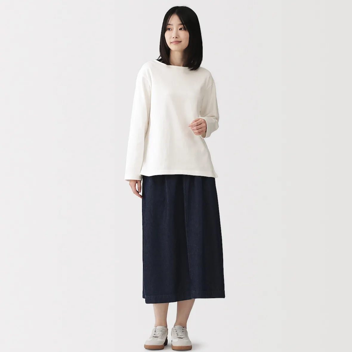 Best Muji Camiseta de manga larga y cuello ancho de algodón grueso para mujer
