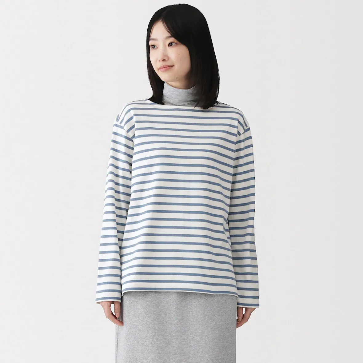 Best Muji Camiseta de manga larga y cuello ancho de algodón grueso para mujer