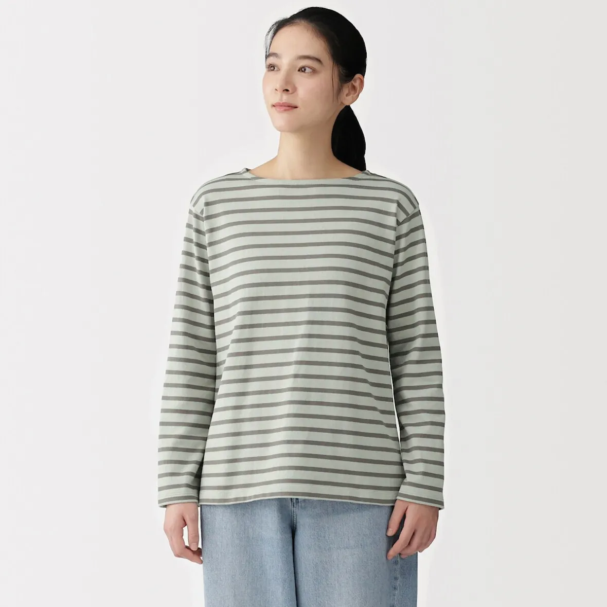 Best Muji Camiseta de manga larga y cuello ancho de algodón grueso para mujer