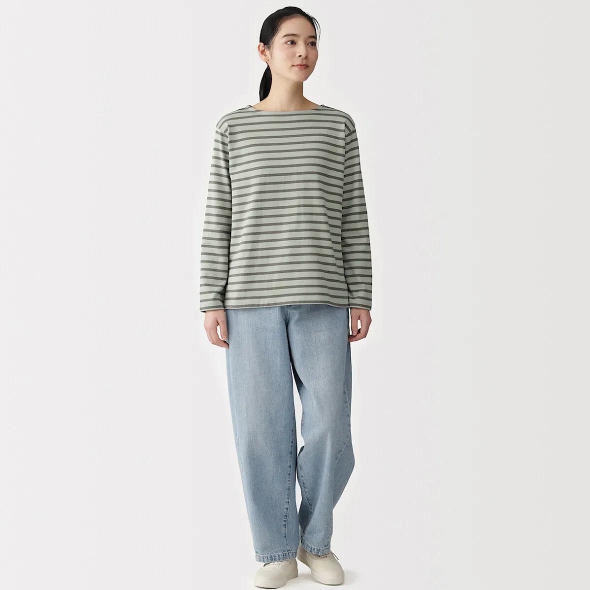 Best Muji Camiseta de manga larga y cuello ancho de algodón grueso para mujer